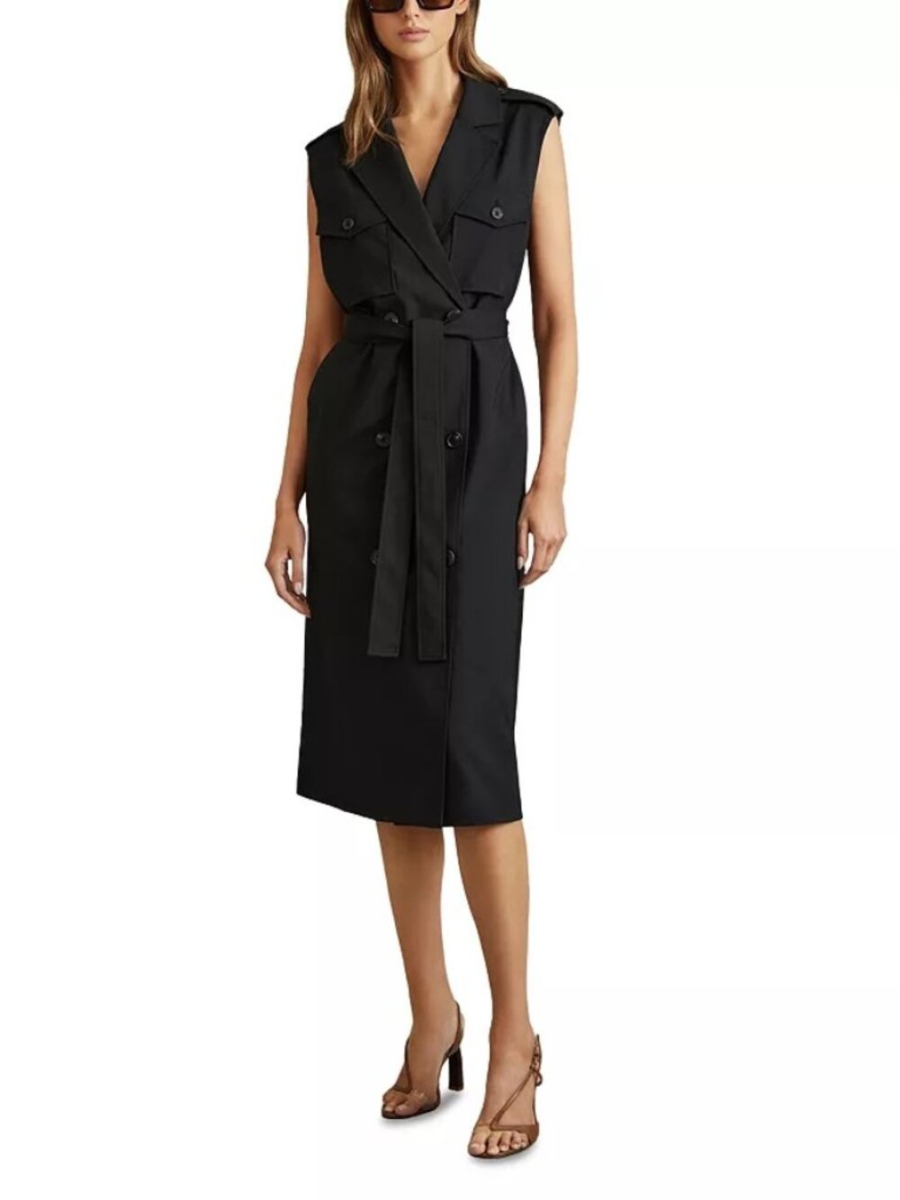 Reiss Black Kimora Wool Blend Double Breasted Belted Midi Dress Size 4 NWT